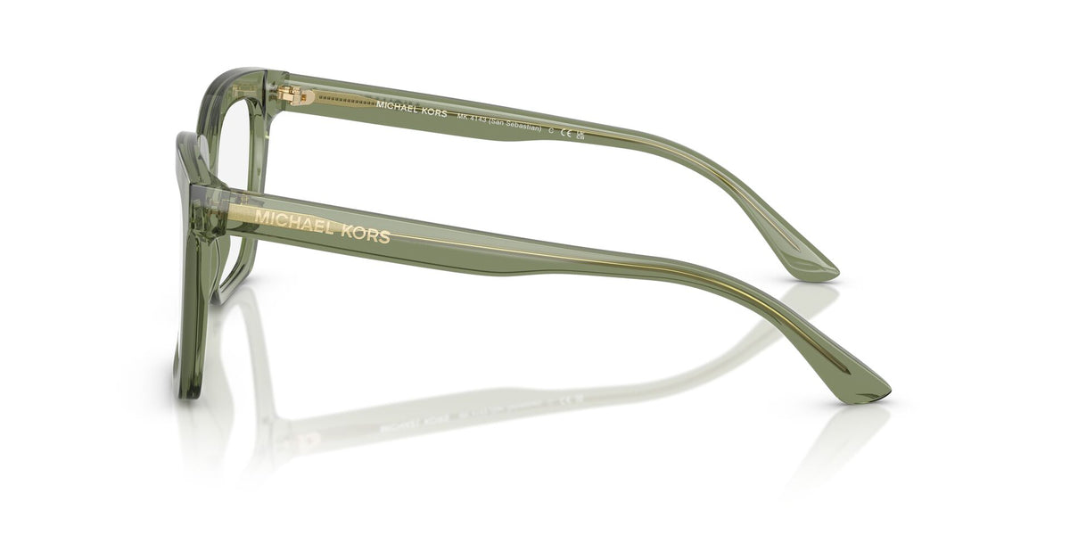 Lentes Ópticos Michael Kors San Sebastian 0MK4143 Verde transparente – vista tres cuartos